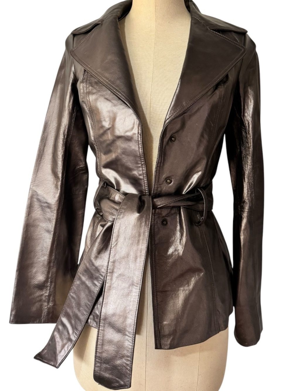 Heart Moon Star Metallic Silver/Pewter/Bronze Leather Belted Trench Jacket Size